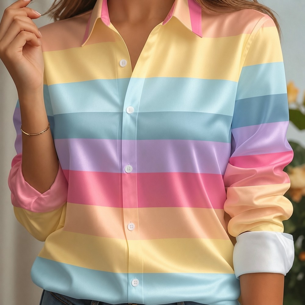 Silk Blouse Button - Women Satin Lapel Collar Shirt Pastel