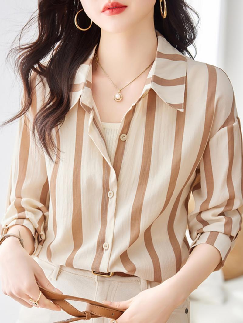 Women'S Formal Evening Wear Tops - Apricot Striped Long Sleeved Shirt for