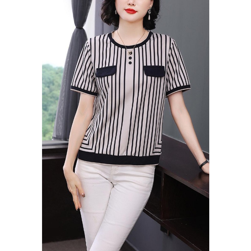 Silk Blouse Button - Women's Striped Ice Silk T-Shirt Short