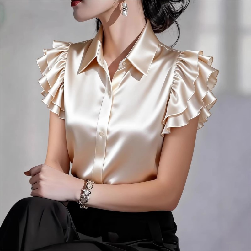 Casual Ruffle Short Sleeve Blo - Silk Blouse Button 评论和价格