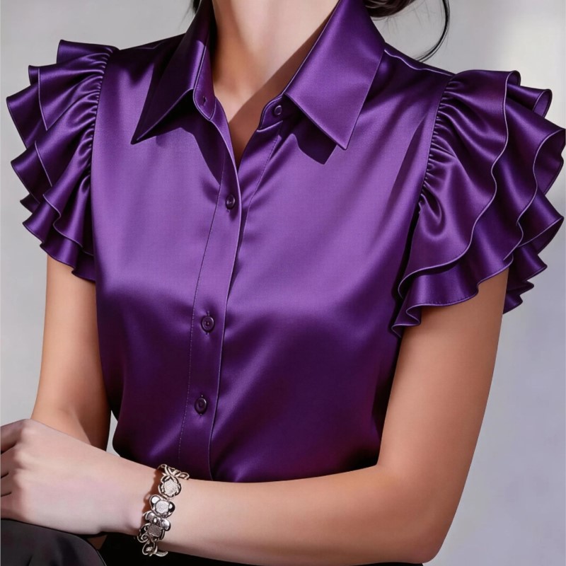 Casual Ruffle Short Sleeve Blo - Silk Blouse Button 评论和价格