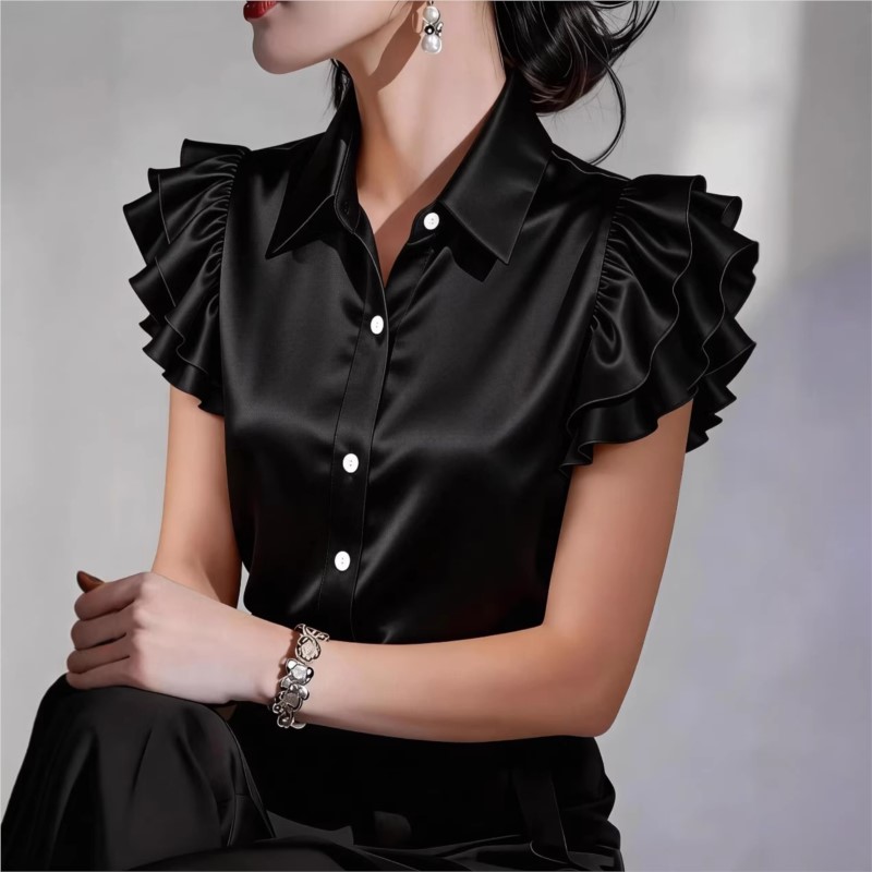 Casual Ruffle Short Sleeve Blo - Silk Blouse Button 评论和价格