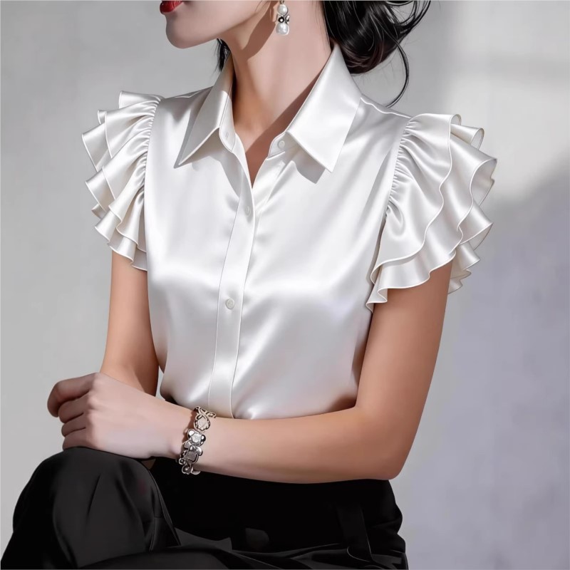 Casual Ruffle Short Sleeve Blo - Silk Blouse Button 评论和价格