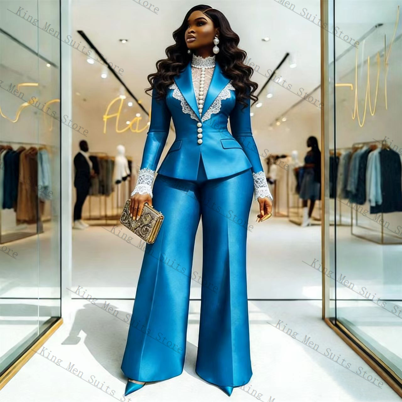Blue Satin Lace Women Suit Set - Women'S Formal Wear Tuxedo 评论和价格
