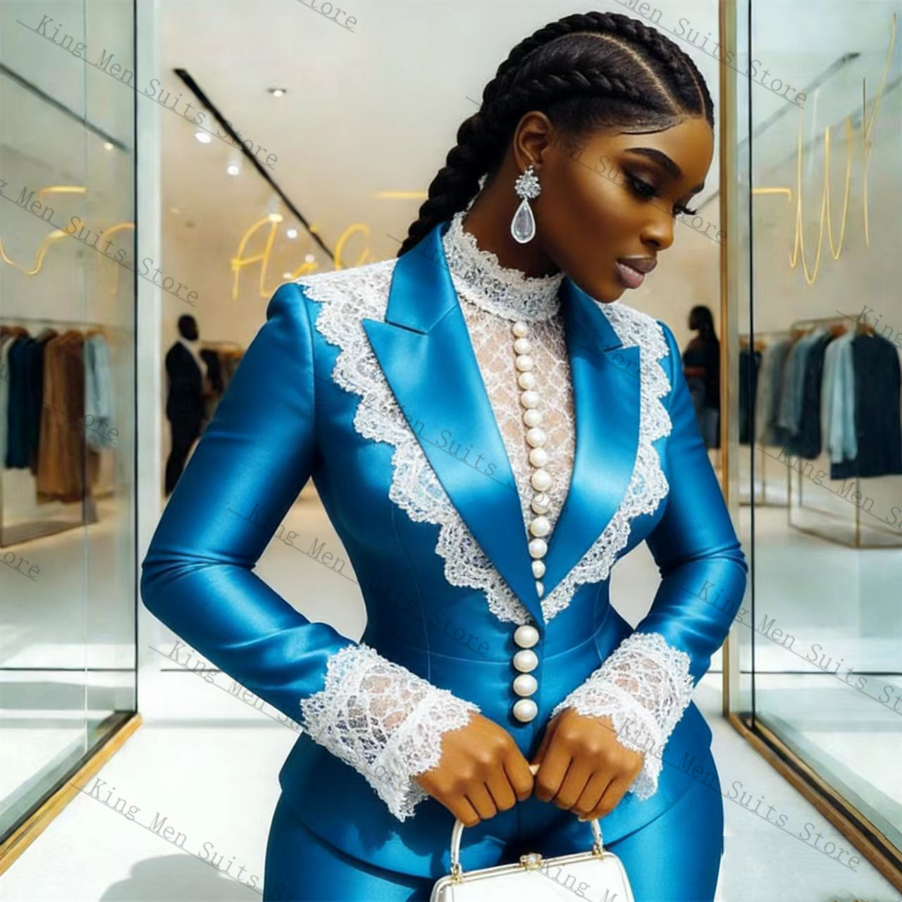 Blue Satin Lace Women Suit Set - Women'S Formal Wear Tuxedo 评论和价格