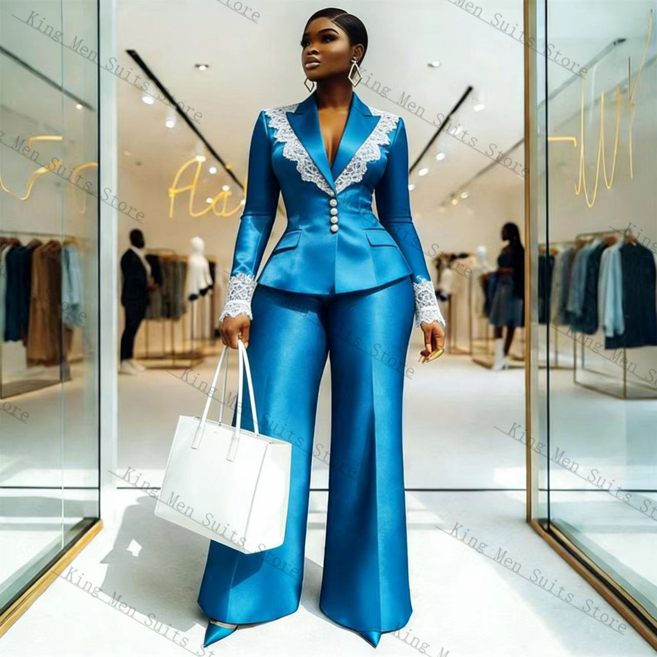 Blue Satin Lace Women Suit Set - Women'S Formal Wear Tuxedo 评论和价格