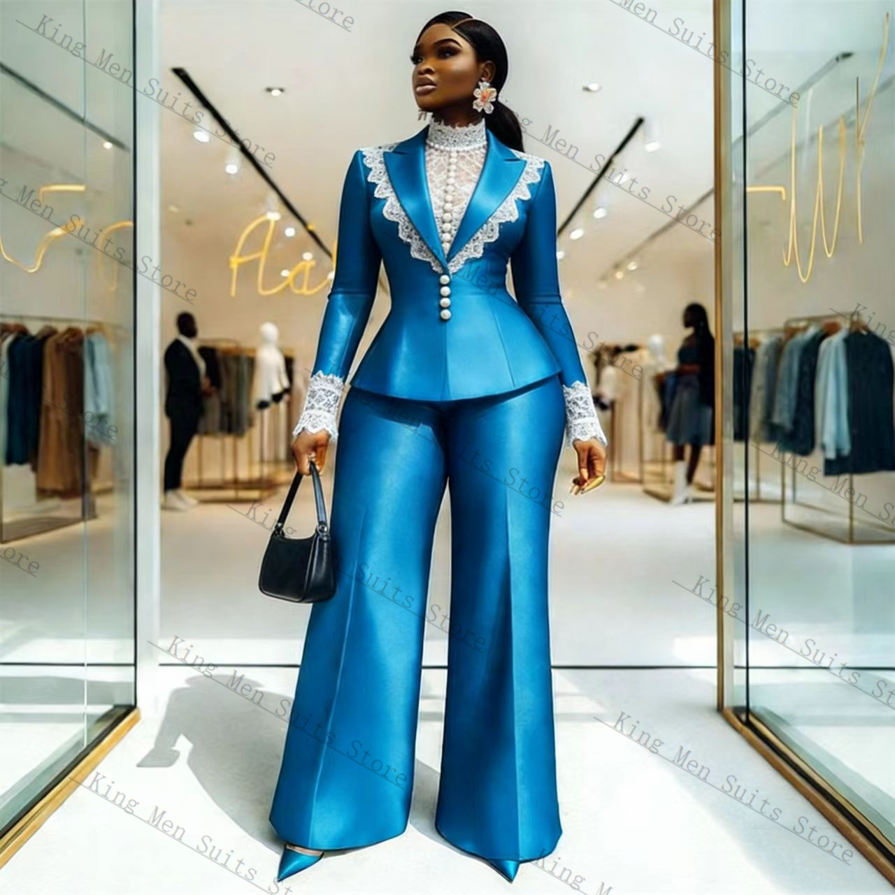Blue Satin Lace Women Suit Set - Women'S Formal Wear Tuxedo 评论和价格