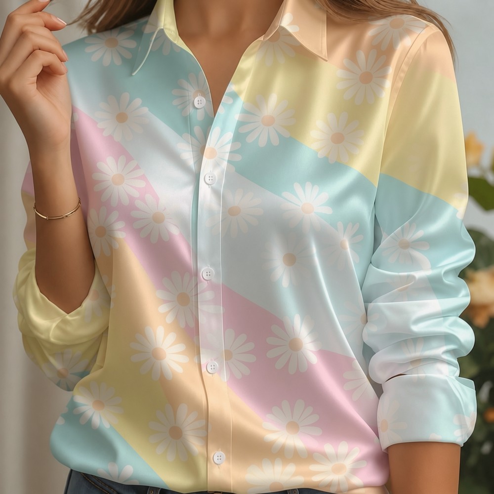Women Satin Lapel Collar Shirt - Silk Blouse Button 评论和价格