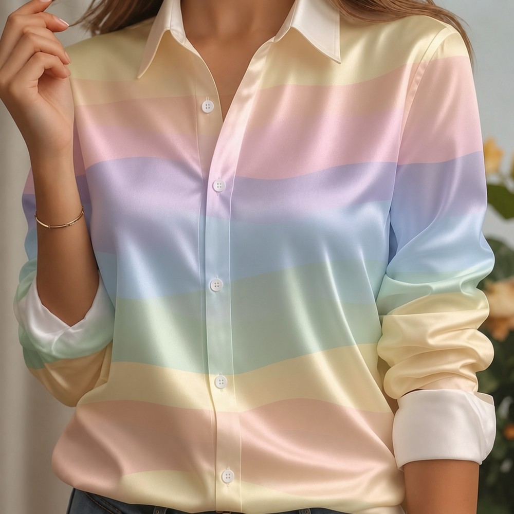 Women Satin Lapel Collar Shirt - Silk Blouse Button 评论和价格