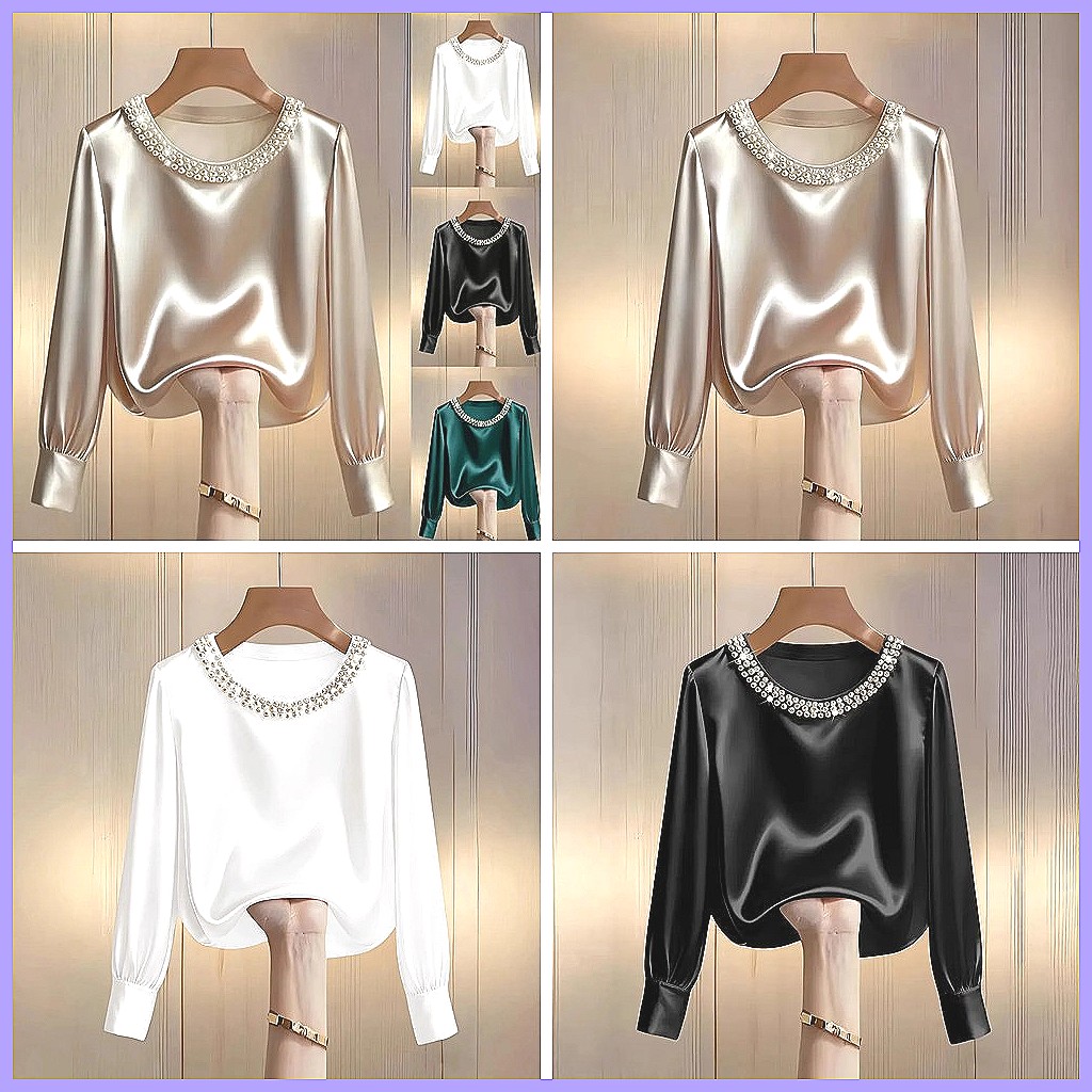 Elegant Beaded Satin Blouse fo - Silk Blouse Button 评论和价格