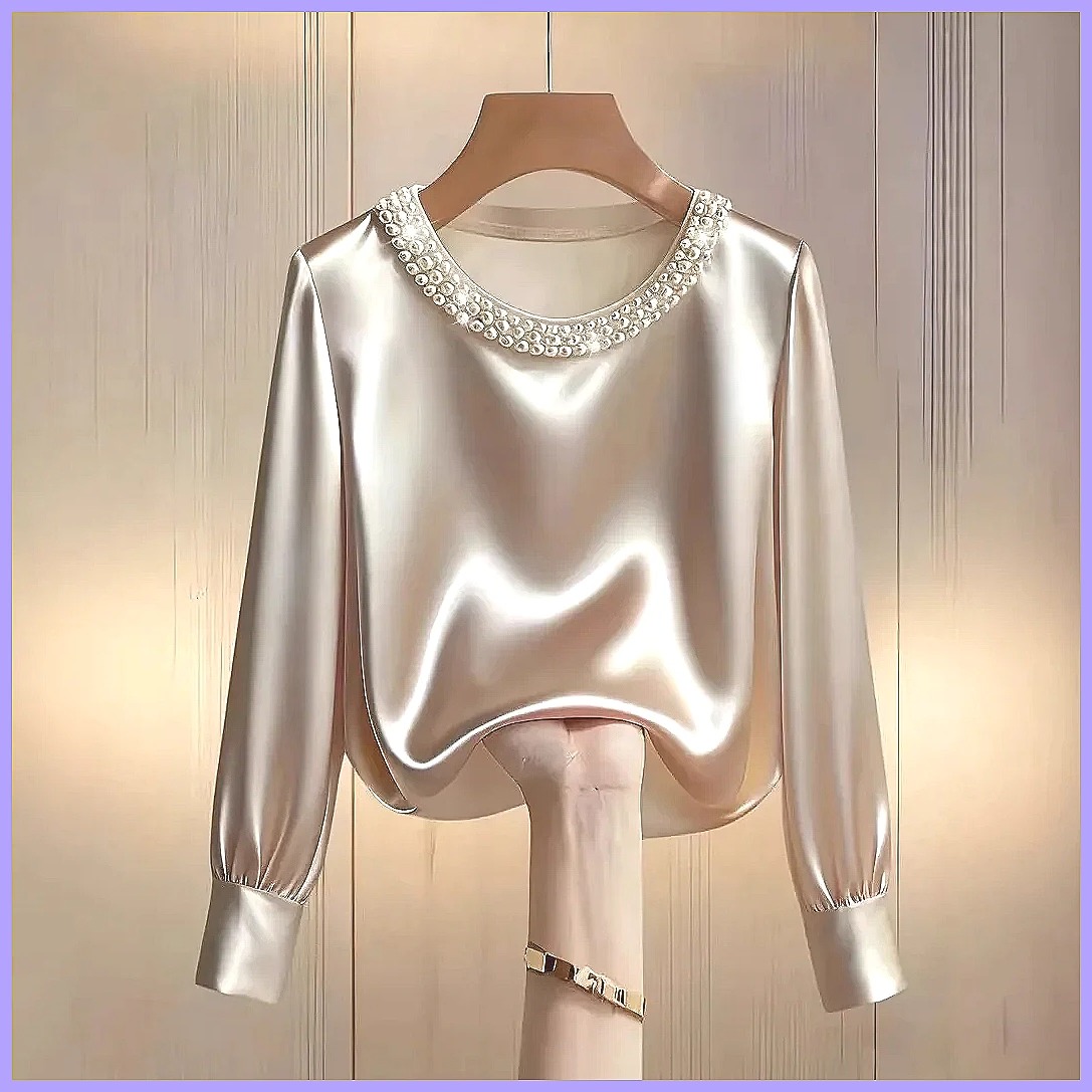 Elegant Beaded Satin Blouse fo - Silk Blouse Button 评论和价格