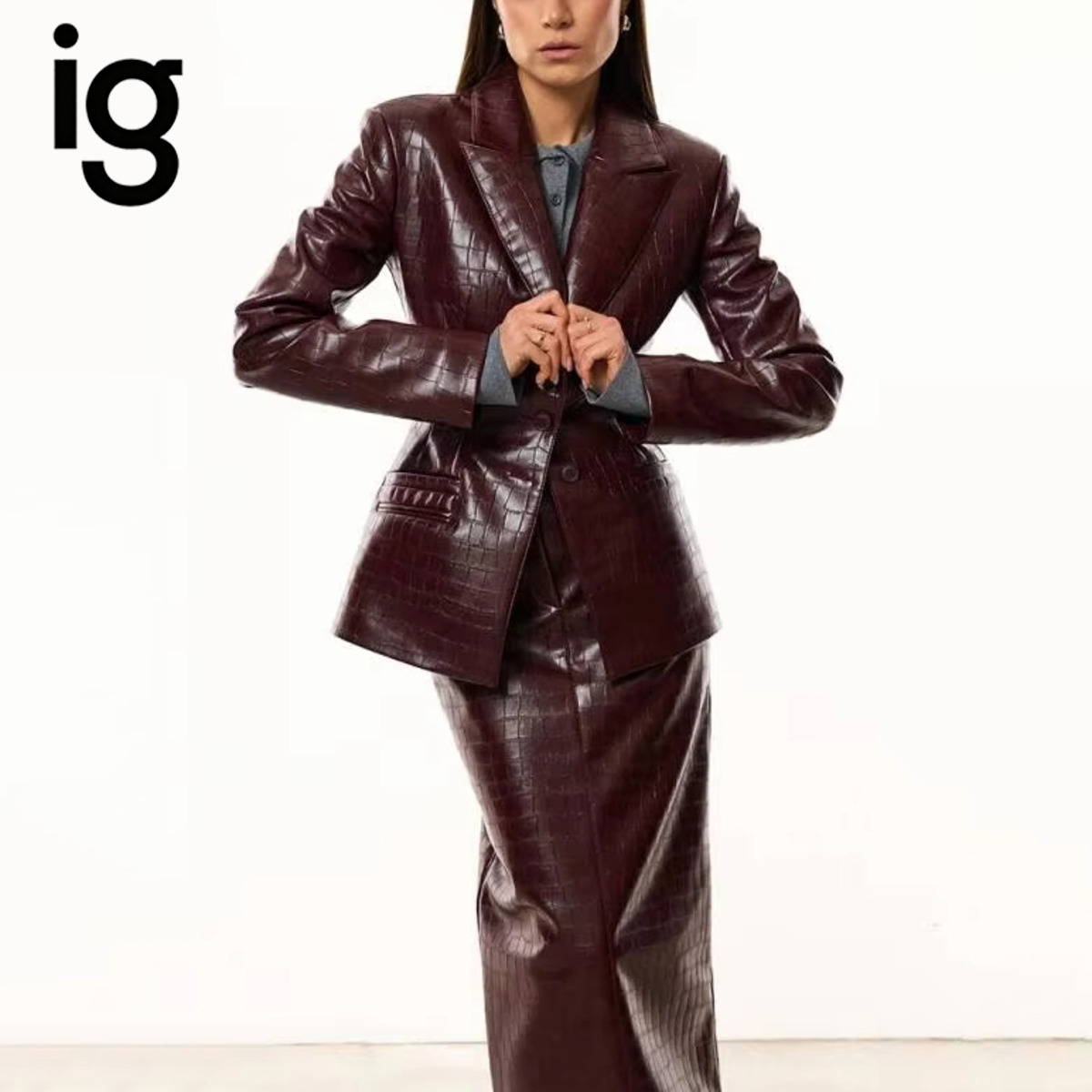 IG Women Burgundy Croc Faux Le - Pencil Skirt Midi 评论和价格