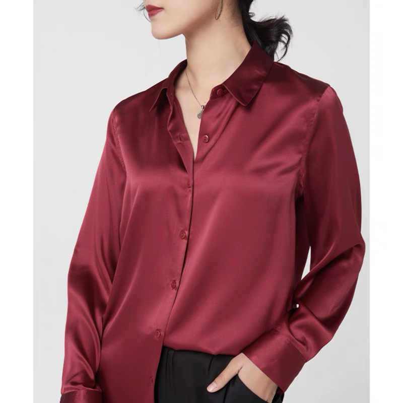 Elegant Satin Long Sleeve Blou - Silk Blouse Button 评论和价格