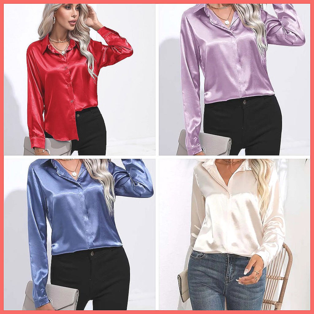 2025 Spring Summer Satin Shirt - Silk Blouse Button 评论和价格