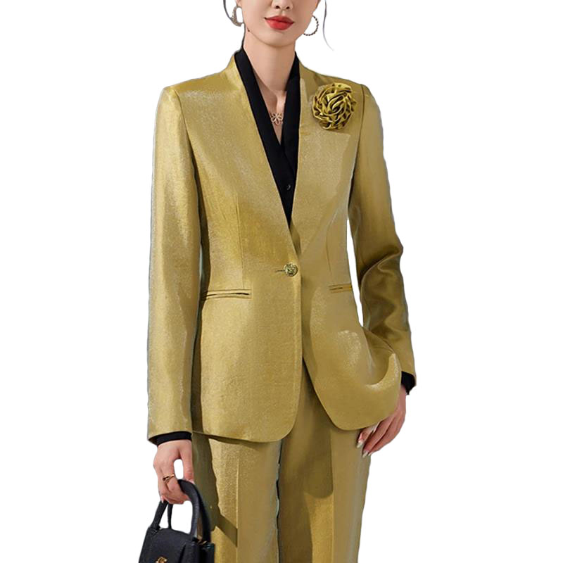 Women Blazer Pants Sets Gold A - Women'S Formal Wear Pantsuits 评论和价格