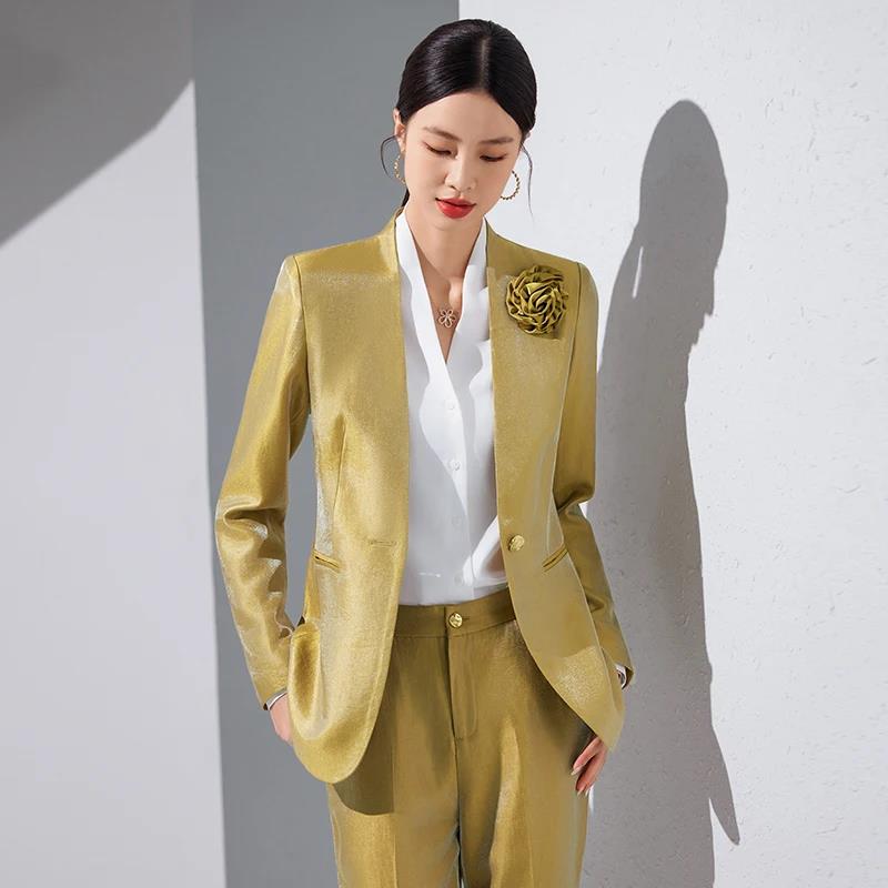 Women Blazer Pants Sets Gold A - Women'S Formal Wear Pantsuits 评论和价格