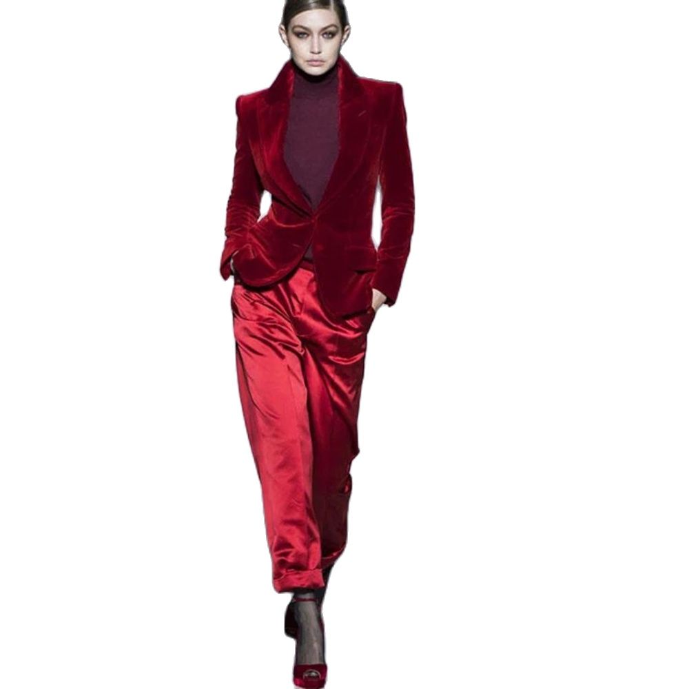 Women Pant Suits Wine Red Velv - Women'S Formal Wear Tuxedo 评论和价格