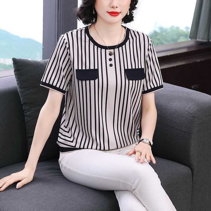 Women's Striped Ice Silk T-Shi - Silk Blouse Button 评论和价格