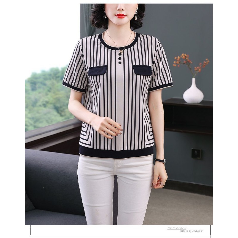Women's Striped Ice Silk T-Shi - Silk Blouse Button 评论和价格