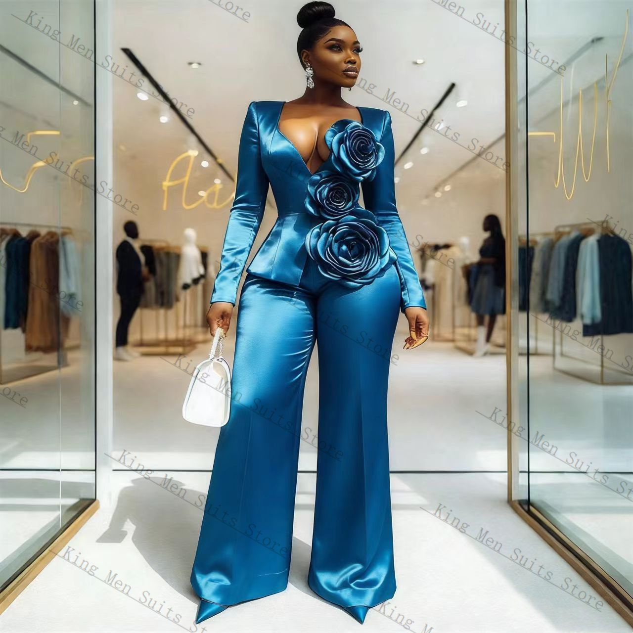 Blue Satin Women Suit Set 2 Pc - Women'S Formal Wear Tuxedo 评论和价格