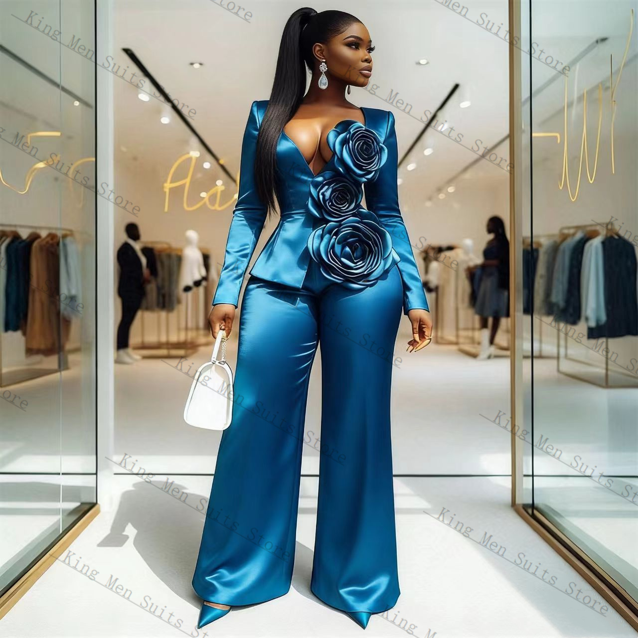 Blue Satin Women Suit Set 2 Pc - Women'S Formal Wear Tuxedo 评论和价格